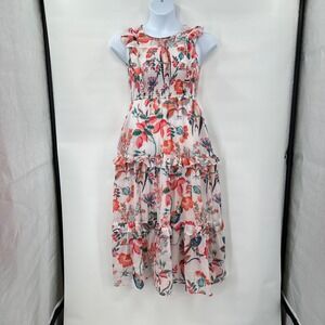 Banjanan Maxi Dress Medium Floral‎ Bird Print Ruffle Sleeveless Tiered Boho